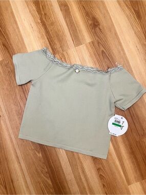 Off-Shoulder Lace-Trim Crop Top — Sage Green